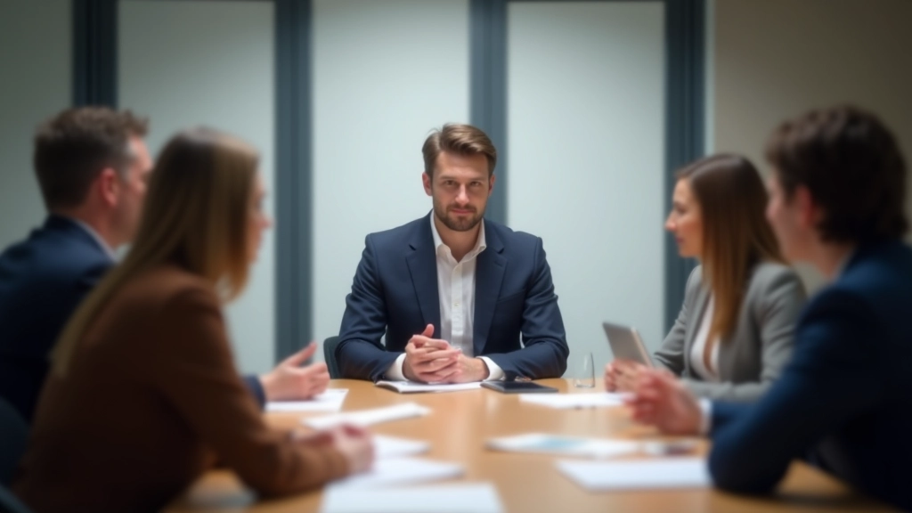 Groep van vijf mensen rond tafel, één persoon spreekt terwijl anderen luisteren aandachtig, formeel discussie setting