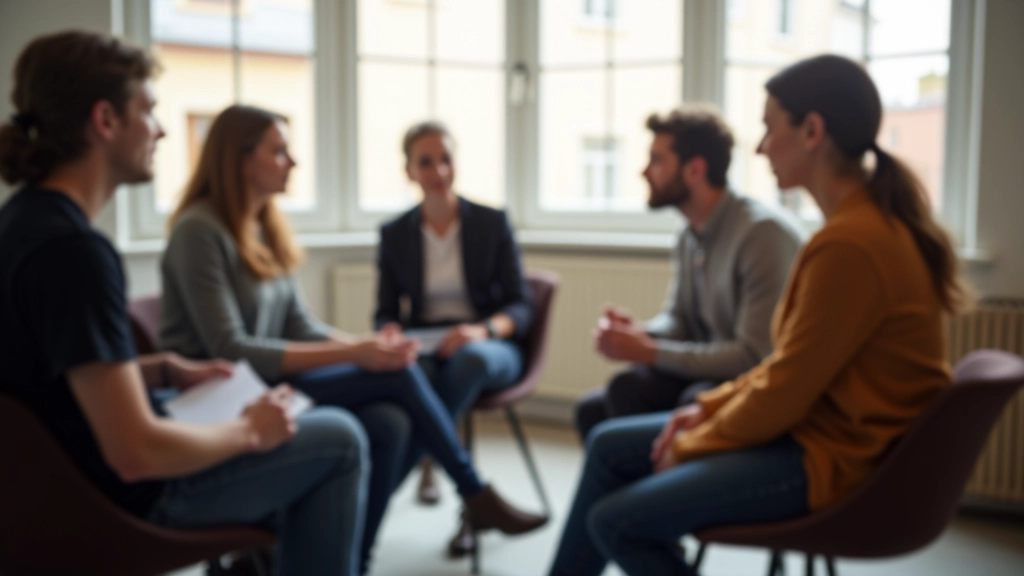Groep jongeren zittend in cirkel met moderator, engaged discussie, natuurlijk daglicht, informele setting