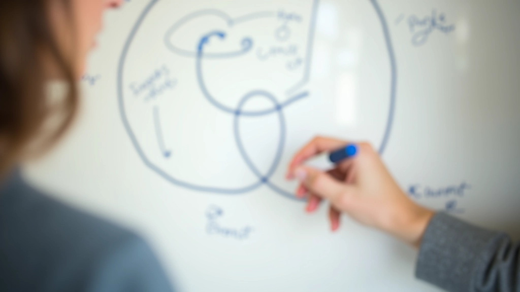 Whiteboard met hand die Venn-diagram tekent, twee overlappende cirkels met aantekeningen, samenwerkingssetting