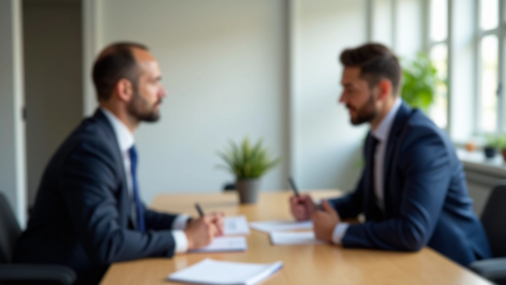 Twee professionals zittend aan tafel, gericht op elkaar in serieus gesprek, heldere communicatie