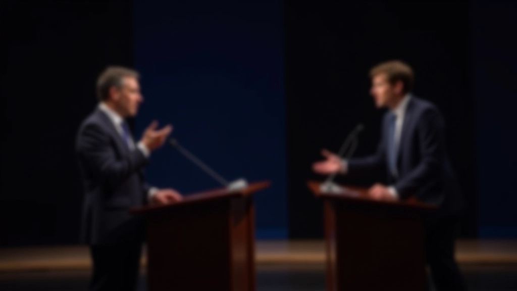 Twee debaters tegenover elkaar, één met geopende hand in verweer positie, professional formeel debat setting
