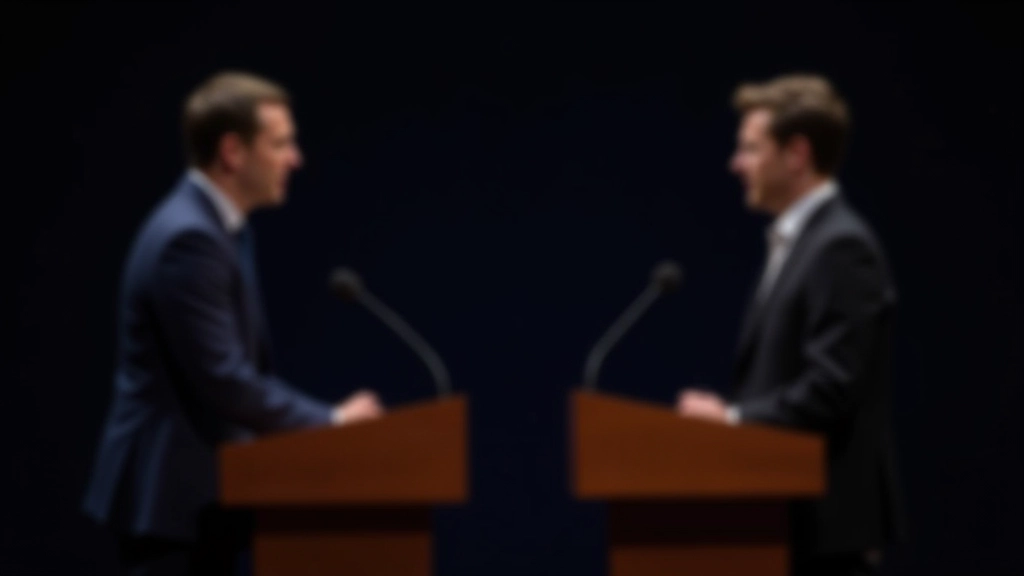Twee debaters tegenover elkaar aan spreekgestoelten, gespannen maar respectvolle lichaamstaal, formele debatstelling