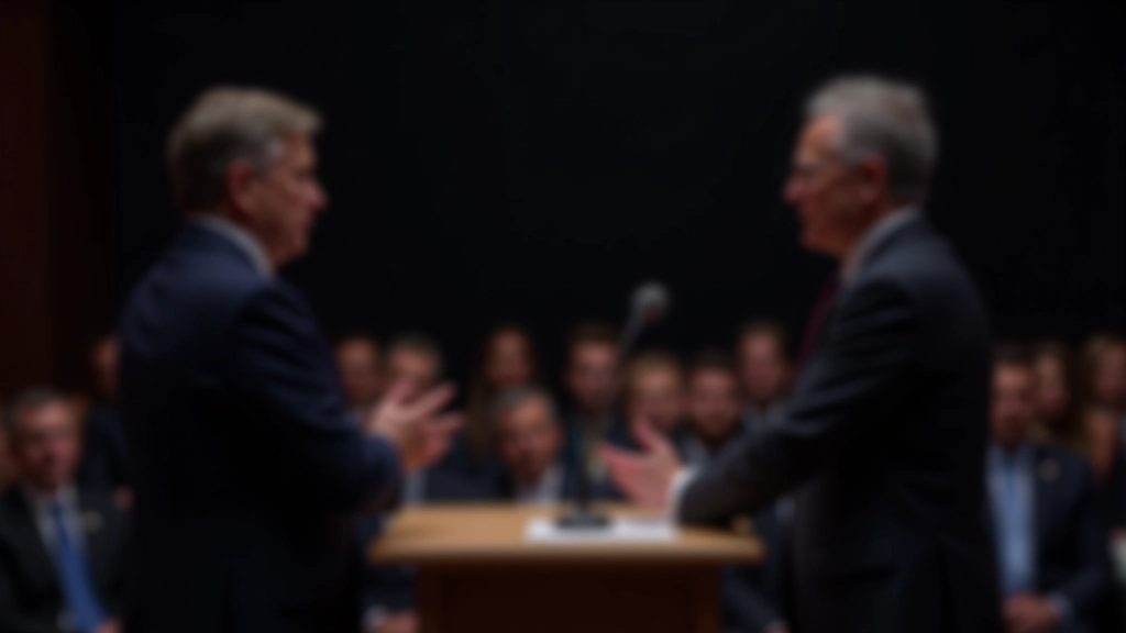 Twee personen in formeel debat met publiek op achtergrond, professionele setting, podium verlicht