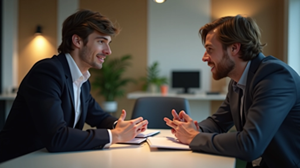 Twee personen in gesprek aan een tafel met notities en koffie, actief luisterend en engaged in discussie